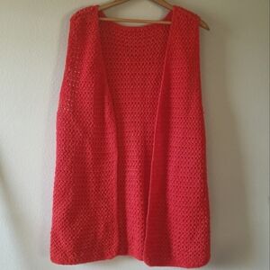 Women's Red Knitted Retro Cardigan Waistcoats Crochet Gilet Soft Vest Tank Top